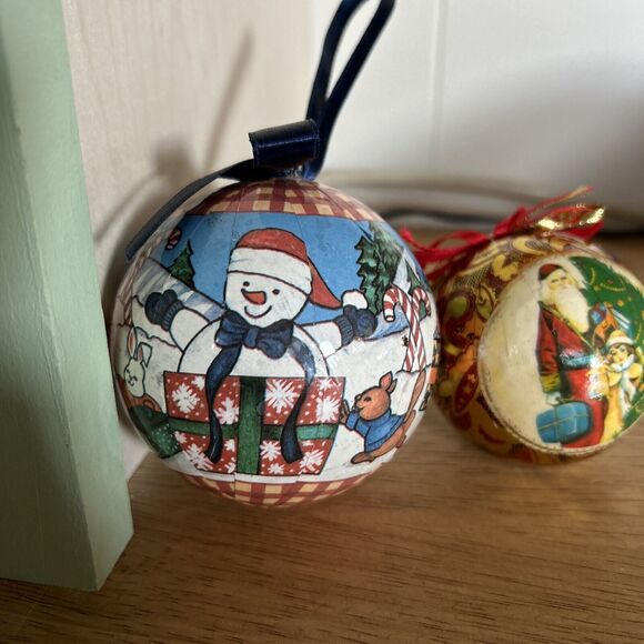 Vintage Christmas Ornaments Snowman Santa Lot of 2 Ball Ribbon - Picture 2 of 6
